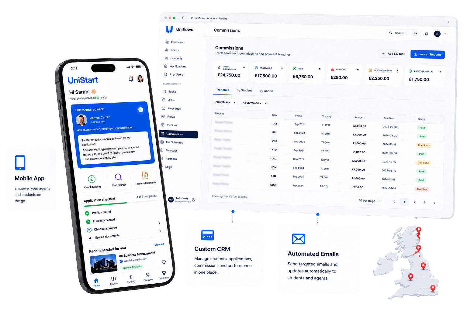 UniStart Partner toolkit: the mobile app shown on iPhone alongside the Uniflows Partner CRM dashboard tracking commissions, students and tranches.